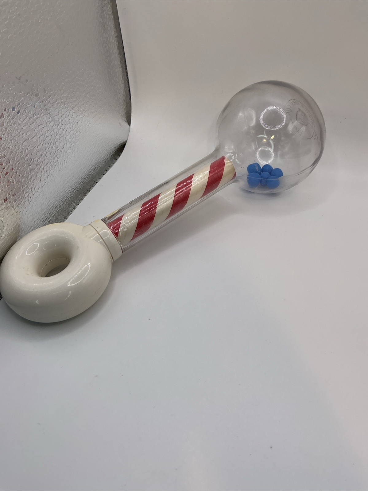 Johnson & Johnson Barber Pole 1980’s Baby Rattle Clear with Red, White and Blue