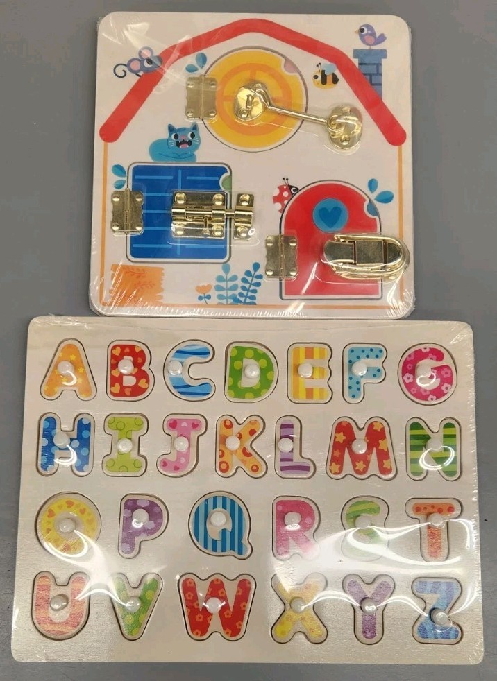 2 Wooden Motor Skills Toys – Latches and Alphabet Activity Boards