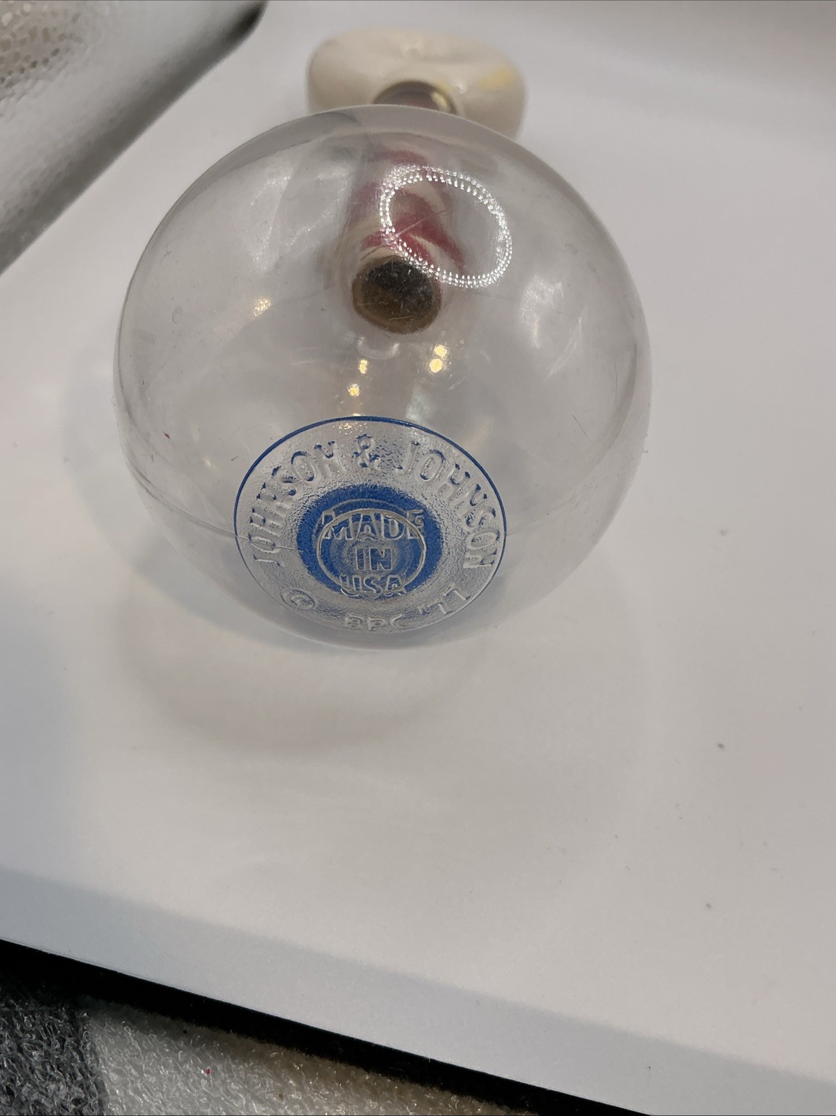Johnson & Johnson Barber Pole 1980’s Baby Rattle Clear with Red, White and Blue