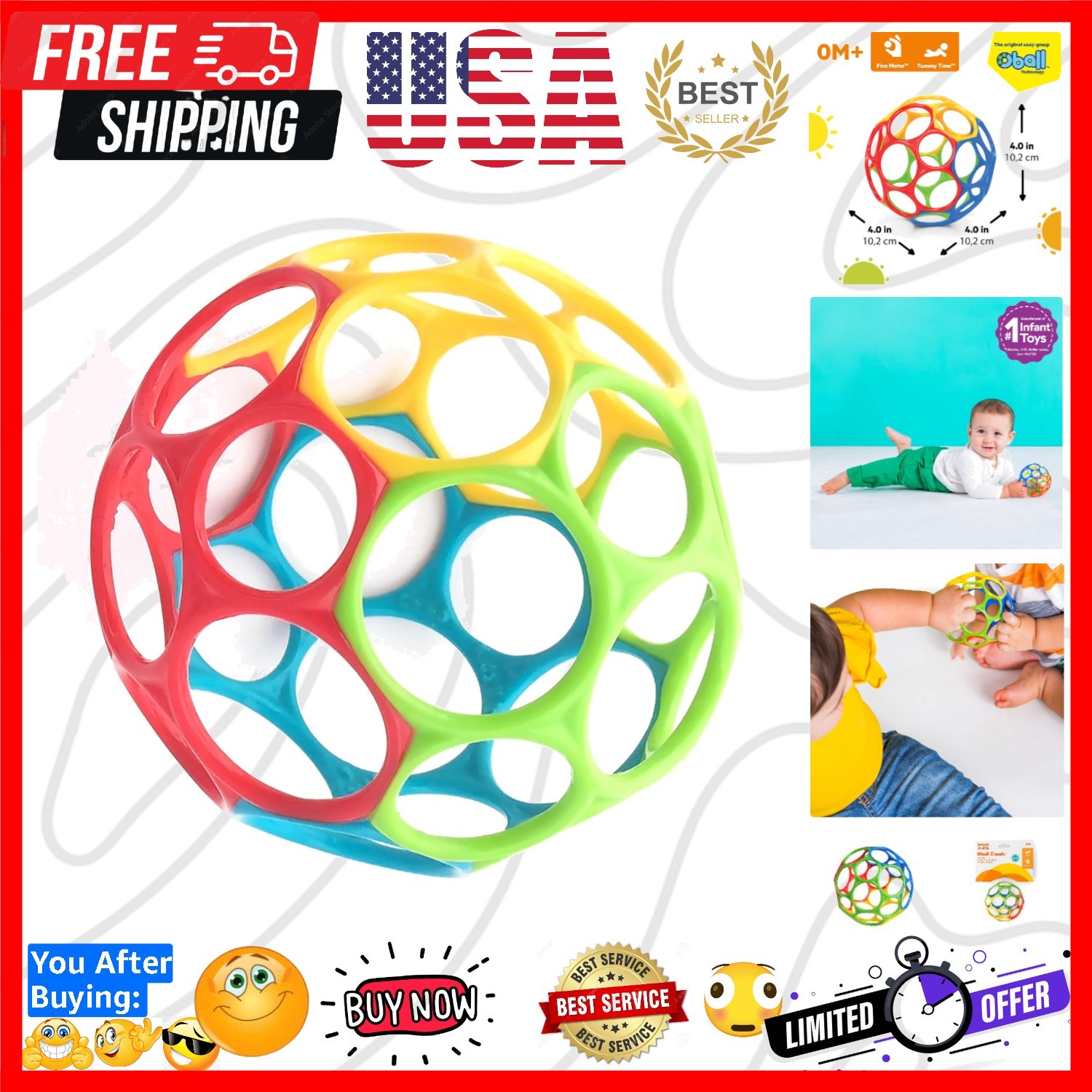 Oball Easy Grasp Classic Ball BPA-Free Infant Toy in Red, Yellow, Green, Blue…