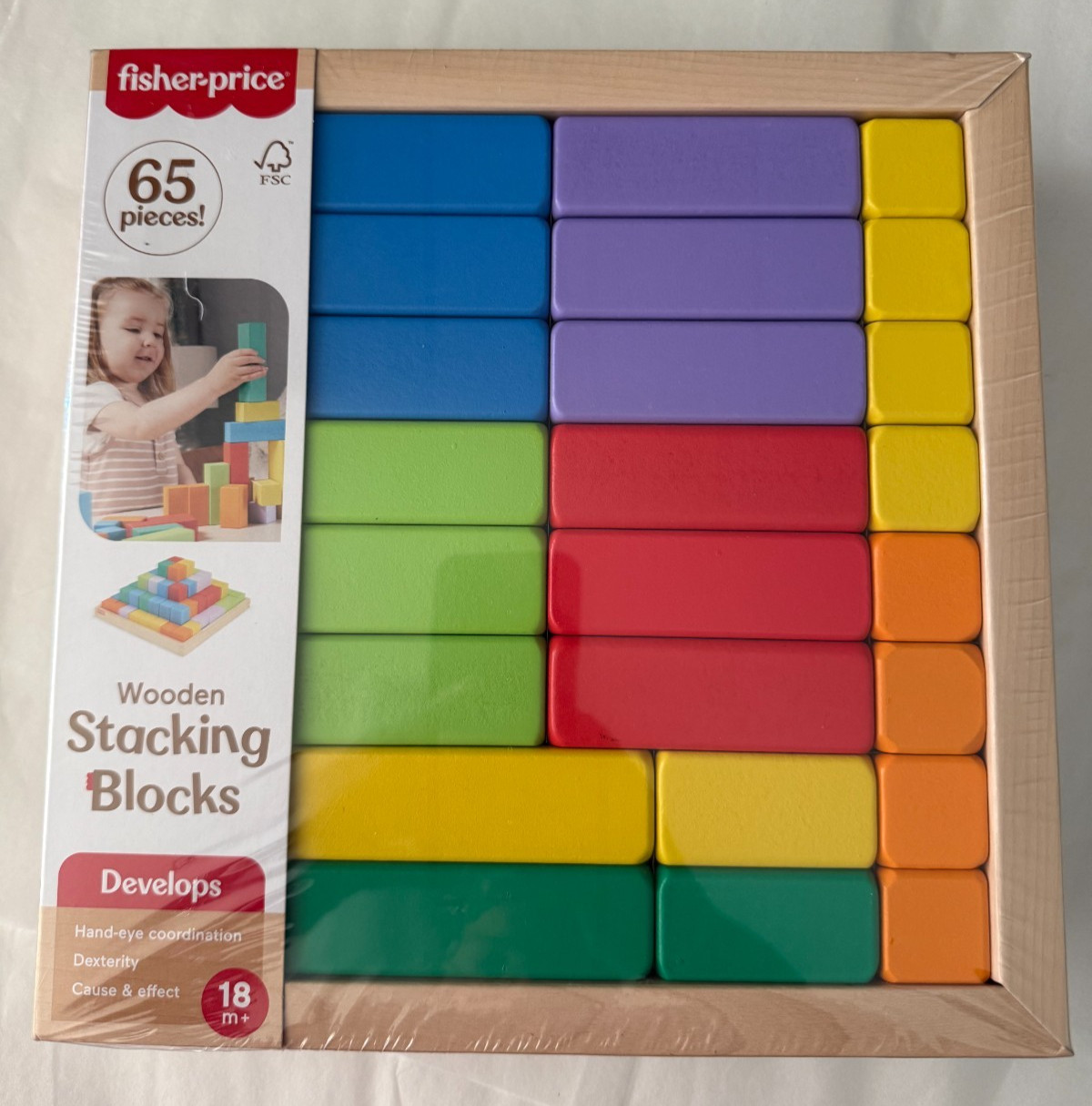 Fisher-Price Toddler Wooden Stacking Blocks–65 Pieces Preschool Learning Toy NEW