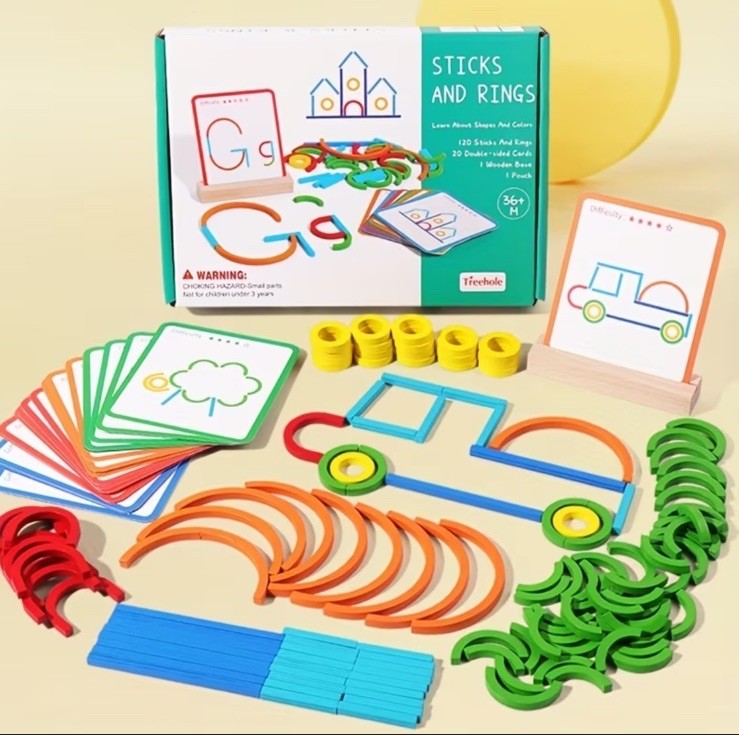 Wooden Creative Sticks and Rings Puzzle. Motor Development. Early Childhood.